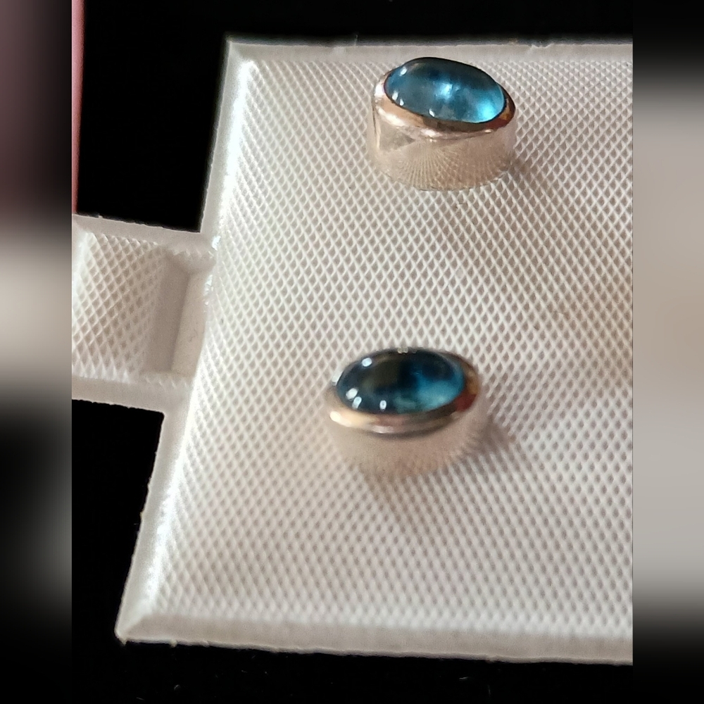 Sterling 925 Blue Cabochon Stud Earrings - Picture 2 of 3